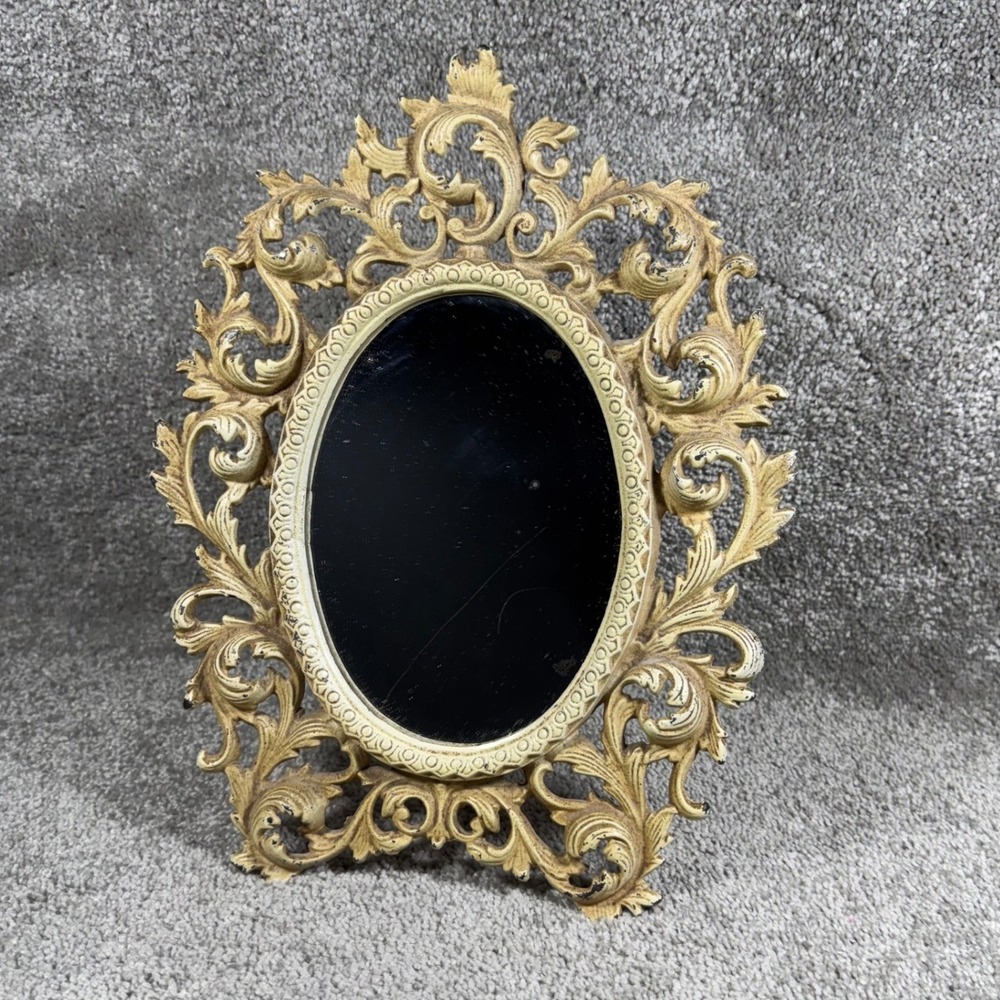 Wilton‎ Vanity Mirror Cream Ornate Rococo Cast Metal Tabletop Easel 12.5" x 9.5"